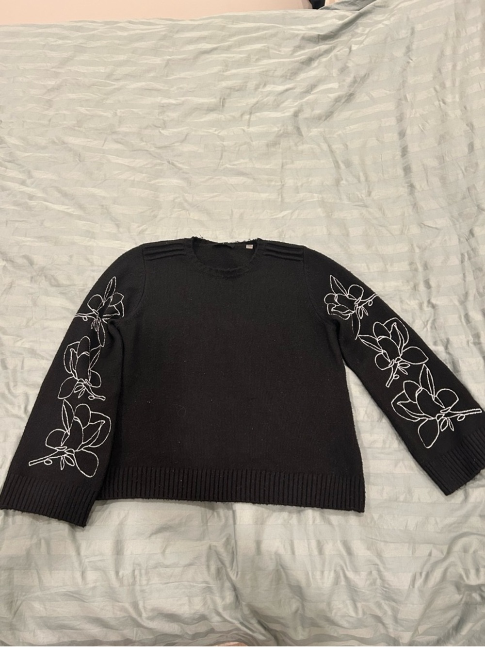 Tahari Black Crewneck Sweater with White Floral Sleeve Embroidery